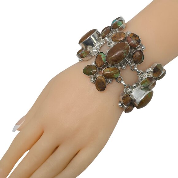 Native American Sterling Silver Brown Turquoise Wide Cluster Link Bracelet 19773 - Picture 10 of 10